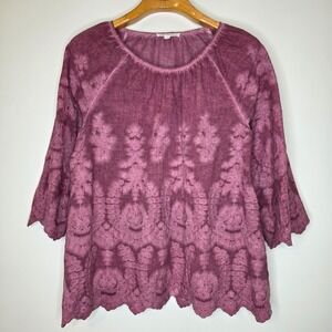 Indigo Thread Co Embroidered Top Sz L Pink Burnout Wash Boho Hippie Granola Girl